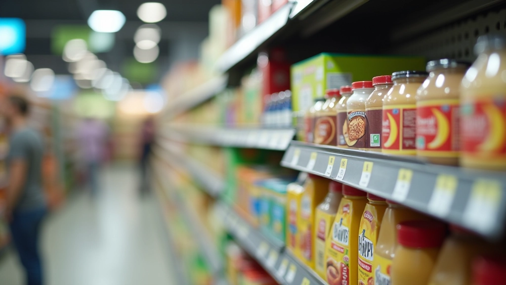 Vergleich von Markenprodukt und Hausmarke in Supermarktregal mit Preisschildern