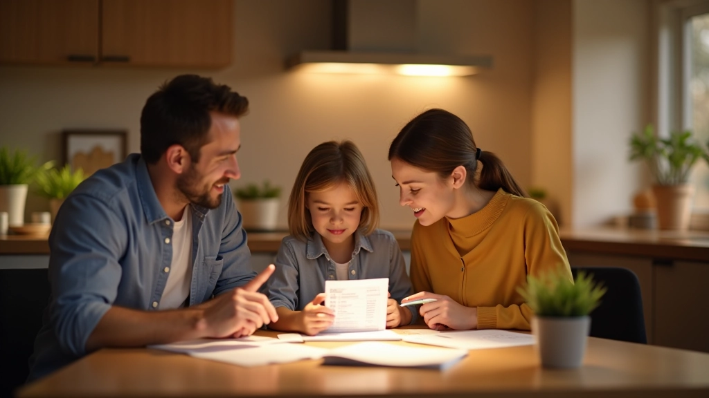 Familie bei der gemeinsamen Budgetplanung am Küchentisch