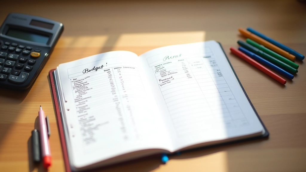 Budgetplanung mit Stift und Notizbuch auf Schreibtisch