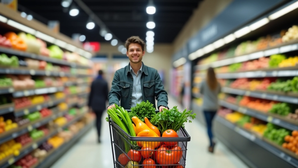 Familie beim gemeinsamen Einkaufen mit Einkaufszettel im Supermarkt