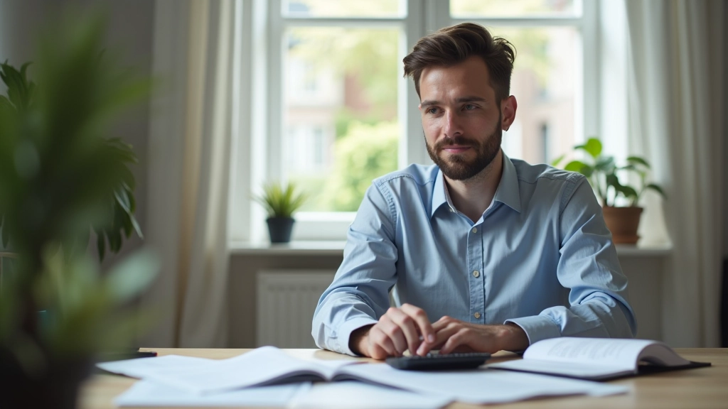 Person bei der Finanzplanung mit Unterlagen und Taschenrechner am Schreibtisch