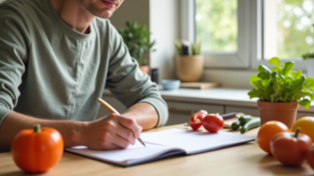 Handgeschriebener Wochenplan auf Papier neben Küchenwaage und frischen Lebensmitteln