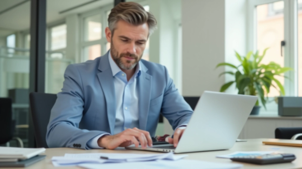 Person arbeitet an Finanzplanung mit Laptop und Unterlagen in hellem Büro